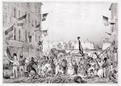 Barrikadi Rue Dauphine -kadulla, 29. heinäkuuta 1830, kaiverrus H. Delaporte tekijältä Victor Adam