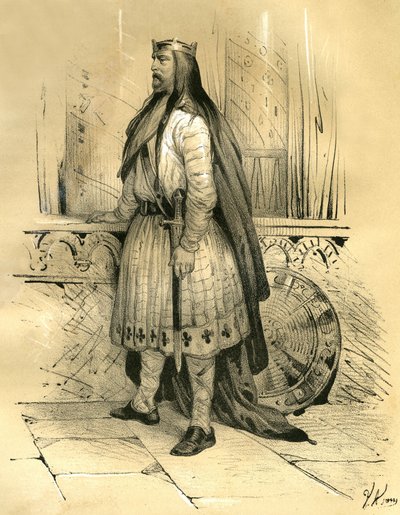 Clodion Hair, Salians Francsin johtaja noin vuodesta 428 kuolemaansa 447 asti, todennäköisesti Merovingien esi-isä. Victor Adamin (1801-1866) kaiverrus kirjassa "France in the Middle Ages", jonka Ardantin veljekset julkaisivat 1-luvun puolivälissä. tekijältä Victor Adam