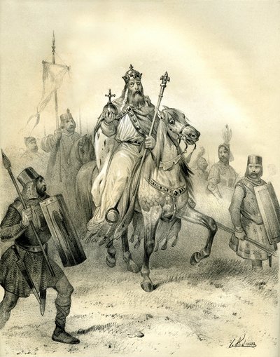 Keisari Kaarle Suuri ratsastaa joukkojensa kärjessä haarniskoihin pukeutuneiden sotilaidensa kanssa, joilla on vallan tunnukset. Victor Adamin (1801-1866) kaiverrus Ardantin veljesten 1800-luvun puolivälissä julkaisemassa kirjassa "Ranska keskiajalla". tekijältä Victor Adam