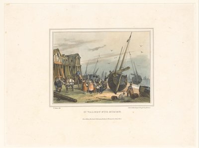 Saint-Valery-sur-Sommen ranta St. Valery sur Somme (otsikko esineessä) Satamakaupunkien asukkaiden puvut (sarjan nimi) Costumes de marins, suunnittelee dans les ports (sarjan nimi) tekijältä Victor Adam