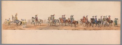 Historiallinen kulkue Utrechtin ammattikorkeakoulun toisen satavuotisjuhlan kunniaksi, 1836 (taulu 8) Hollannin armeijoiden lähestyminen Oostendeen, 3. heinäkuuta 1600, Nieuwpoortin voiton jälkeisenä päivänä; H H Studentin pukeutuneen esityksen mukaan tekijältä Victor Adam