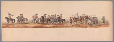 Historiallinen kulkue Utrechtin yliopiston toisella satavuotisjuhlassa, 1836 (taulu 5) Hollannin armeijan marssi Ostendeen, 3. heinäkuuta 1600, Nieuwpoortin voiton jälkeisenä päivänä; H H Studentin pukuesityksen mukaan tekijältä Victor Adam