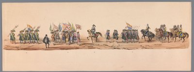 Historiallinen kulkue Utrechtin ammattikorkeakoulun toisen satavuotisjuhlan kunniaksi, 1836 (taulu 9) Hollannin armeijoiden lähestyminen Oostendeen, 3. heinäkuuta 1600, Nieuwpoortin voiton jälkeisenä päivänä; H H Studentin pukeutuneen esityksen mukaan tekijältä Victor Adam