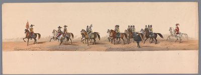 Historiallinen kulkue Utrechtin ammattikorkeakoulun toisen satavuotisjuhlan kunniaksi, 1836 (taulu 2) Hollannin armeijoiden lähestyminen Oostendeen, 3. heinäkuuta 1600, Nieuwpoortin voiton jälkeisenä päivänä; H H Studentin pukeutuneen esityksen mukaan tekijältä Victor Adam