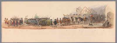 Historiallinen kulkue Utrechtin ammattikorkeakoulun toisen satavuotisjuhlan kunniaksi, 1836 (taulu 10) Hollannin armeijoiden lähestyminen Oostendeen, 3. heinäkuuta 1600, Nieuwpoortin voiton jälkeisenä päivänä; H H Studenin pukeutuneen esityksen mukaan tekijältä Victor Adam