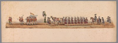 Historiallinen kulkue Utrechtin ammattikorkeakoulun toisen satavuotisjuhlan kunniaksi, 1836 (taulu 3) Hollannin armeijoiden lähestyminen Oostendeen, 3. heinäkuuta 1600, Nieuwpoortin voiton jälkeisenä päivänä; H H Studentin pukeutuneen esityksen mukaan tekijältä Victor Adam