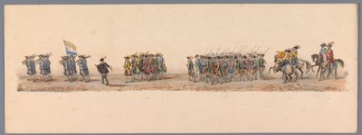 Historiallinen kulkue Utrechtin ammattikorkeakoulun toisen satavuotisjuhlan kunniaksi, 1836 (taulu 4) Hollannin armeijoiden lähestyminen Oostendeen, 3. heinäkuuta 1600, Nieuwpoortin voiton jälkeisenä päivänä; H H Studentin pukeutuneen esityksen mukaan tekijältä Victor Adam