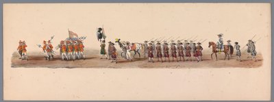 Historiallinen kulkue Utrechtin ammattikorkeakoulun toisen satavuotisjuhlan kunniaksi, 1836 (taulu 3) Hollannin armeijoiden lähestyminen Oostendeen, 3. heinäkuuta 1600, Nieuwpoortin voiton jälkeisenä päivänä; H H Studentin pukeutuneen esityksen mukaan tekijältä Victor Adam