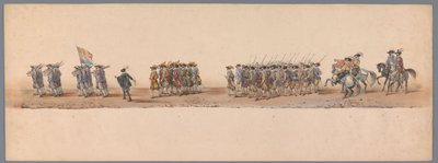 Historiallinen kulkue Utrechtin ammattikorkeakoulun toisen satavuotisjuhlan kunniaksi, 1836 (taulu 4) Hollannin armeijoiden lähestyminen Oostendeen, 3. heinäkuuta 1600, Nieuwpoortin voiton jälkeisenä päivänä; H H Studentin pukeutuneen esityksen mukaan tekijältä Victor Adam