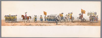 Historiallinen kulkue Utrechtin ammattikorkeakoulun toisen satavuotisjuhlan kunniaksi, 1836 (taulu 7) Hollannin armeijoiden lähestyminen Oostendeen, 3. heinäkuuta 1600, Nieuwpoortin voiton jälkeisenä päivänä; H H Studentin pukeutuneen esityksen mukaan tekijältä Victor Adam