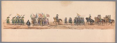 Historiallinen kulkue Utrechtin ammattikorkeakoulun toisen satavuotisjuhlan kunniaksi, 1836 (taulu 9) Hollannin armeijoiden lähestyminen Oostendeen, 3. heinäkuuta 1600, Nieuwpoortin voiton jälkeisenä päivänä; H H Studentin pukeutuneen esityksen mukaan tekijältä Victor Adam