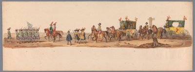 Historiallinen kulkue Utrechtin ammattikorkeakoulun toisella satavuotisjuhlassa, 1836 (taulu 6) Hollannin armeijoiden lähestyminen Oostendeen, 3. heinäkuuta 1600, Nieuwpoortin voiton jälkeisenä päivänä; H H Studentin pukeutuneen esityksen mukaan tekijältä Victor Adam