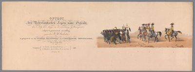 Historiallinen kulkue Utrechtin ammattikorkeakoulun toisen satavuotisjuhlan kunniaksi, 1836 (otsikon painatus) Hollannin armeijoiden lähestyminen Oostendeen, 3. heinäkuuta 1600, Nieuwpoortin voiton jälkeisenä päivänä; H H Studin antaman puvun mukaan tekijältä Victor Adam