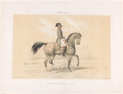 Laurent Franconi ratsastaa tammallaan Normalla Laurent Franconi Montant la Norma. (otsikko esineessä) Hevoset ja ratsastajat kilparadalla (sarjan nimi) Hippodrome national (sarjan nimi esineessä) tekijältä Victor Adam
