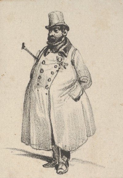 Mies yllään takki ja hattu, keppi kainalossa, 1800-luvun puoliväli. tekijältä Victor Adam