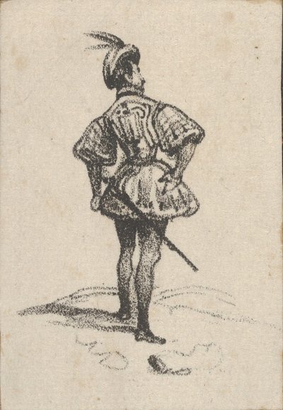 Mies, jolla on miekka ja höyhenhattu, takaa katsottuna, 1800-luvun puoliväli. tekijältä Victor Adam