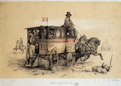 Pariisin omnibus-auto - Adamin litografia, n. 1840 tekijältä Victor Adam