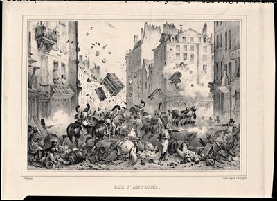 Rue Saint-Antoine heinäkuussa 1830, kaivertanut H. Delaporte tekijältä Victor Adam