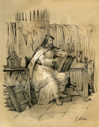 Saint Eloi (v.588-660) frankkien kuninkaan Dagobert I:n kultaseppä ja tresorier, sitten Noyonin eveikki vuodesta 641 kuolemaansa saakka. Victor Adamin (1801-1866) kaiverrus kirjassa "France in the Middle Ages", jonka Ardantin veljekset julkaisivat keskiaja tekijältä Victor Adam