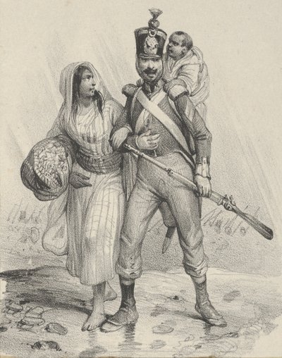 Sotilas nainen kädessään ja lapsi selässä, 1800-luvun puoliväli. tekijältä Victor Adam