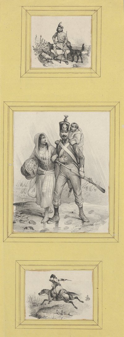Soldaten und ein Highlander (3 Drucke unterschiedlicher Größe auf ein gelbes Blatt geklebt) tekijältä Victor Adam