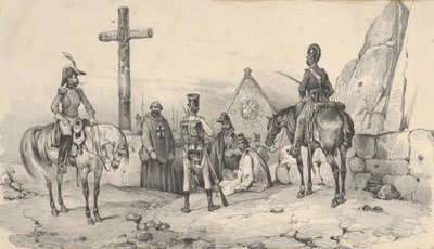 Sotilaat kokoontuivat kirkon eteen, jossa oli pappeja ja krusifiksi, 1800-luvun puoliväli. tekijältä Victor Adam