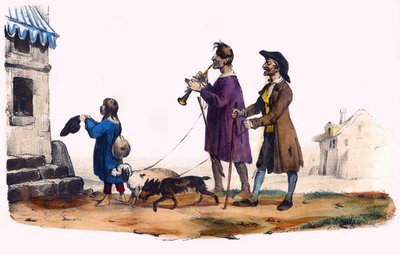 Kaksi sokeaa koirien johdolla ja kerjäläislapsi. Albumissa Grotesque, Choices of Outstanding Types, kuvituksia Victor Adam, Pariisi, noin 1850. tekijältä Victor Adam
