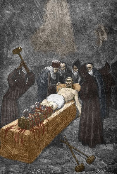 Tapaus Loudunin vallatuista (demons de Loudun) noin 1630: noitavahti, ranskalainen pappi Urbain Grandier (1590-1634), jonka väitettiin solmivan sopimuksen paholaisen kanssa ja syyttää nunnien lumoamisesta, on kidutusta kirjontaan - (Urbain) Suurempi, ransk tekijältä Victor Armand Poirson