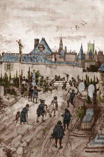 Jansenistinen kouristuskohtaus (tai Saint Medard) (Kouristusten teoksia) 1700-luvulla: "" Sairaat ja sairaat menevät Saint-Medardin hautausmaalle (missä on diakoni Francois Parisin hauta) ollakseen ihmeellisesti gueris" (Convulsionnaire käytännössä ( Convu tekijältä Victor Armand Poirson