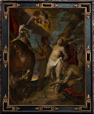 Seurakuntakirkko (Parochiekerk Sint-Walburga). Maalaus. Victor Boucquet (?). Pyhä Sebastian. Öljy paneelissa. tekijältä Victor Boucquet