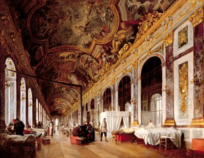 Versaillesin peilisali, jota käytettiin sotasairaalana haavoittuneiden preussilaisten hoitoon vuonna 1871 tekijältä Victor Buchereau