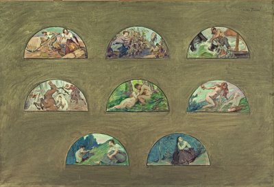 Luonnos Hôtel de Villen ruokasalista Pariisissa: Les nourritures - Les plaisirs - Les sens (puoliympyrän muotoiset kehykset), vuosina 1891-1892 (öljy kankaalle). tekijältä Victor Emile Prouve