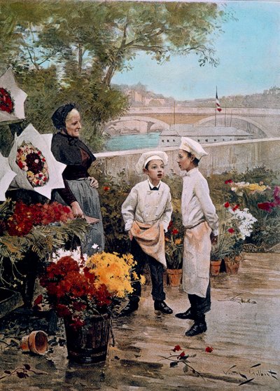 Suojelijan juhlat Oppipoikailla kukkakauppiaat ja kukkakauppa laiturilla. Kaiverrus Victor Gabriel Gilbertin (1847-1933) maalauksen jälkeen 1800-luku. Pariisi, koristetaide tekijältä Victor Gabriel Gilbert