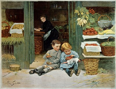 Kiertele häntä. Lapsi syö paahtoleipää äitinsä elintarvikkeiden edessä. Pienellä tytöllä on nukke polvissaan. Victor Gilbertin (1847-1935) maalaus. Pariisi, koristetaide tekijältä Victor Gabriel Gilbert