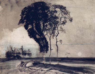 Maisema, jossa on kolme puuta, 1850 (hiili, tussi ja tussi ja pesu paperille). tekijältä Victor Hugo