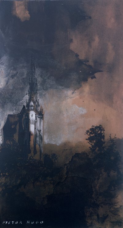Linna kuutamossa (kynä ja Intian muste, seepia ja guassi paperilla) tekijältä Victor Hugo