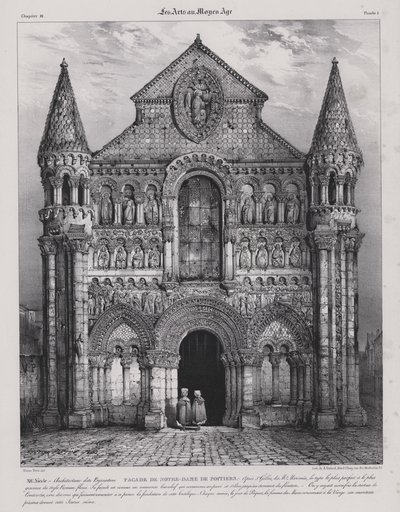 Notre Dame la Granden kirkon romaaninen julkisivu, Poitiers, Ranska (litho) tekijältä Victor Jean Baptiste (after) Petit