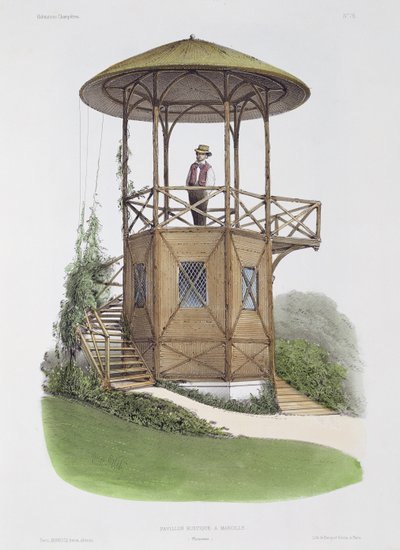 Maalaismainen paviljonki Marcillyssa, Habitations Champetresistä, kaiverrus Beaquet Freres, n. 1855 tekijältä Victor Jean Baptiste Petit