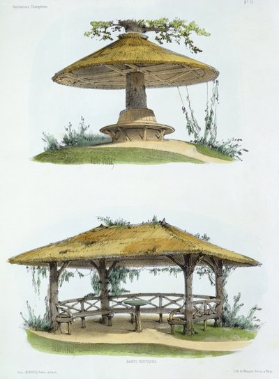 Maalaistyyliset penkit, "Habitations Champetres", julkaistu n. 1855 (kromolitografia) tekijältä Victor Jean Baptiste Petit