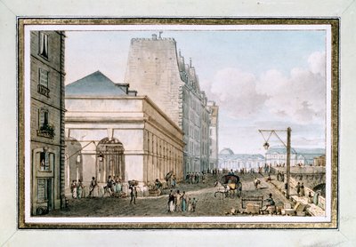 Näkymä uudelle siipikarjatorille, joka sijaitsee Quai des Augustinsilla lähellä Pont-Neufia, Pariisi, n. 1810 (akvarelli) tekijältä Victor Jean Nicolle