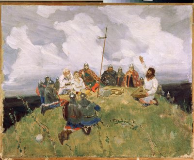 Boyan jouant du gousli (gusli, housli, husli) 1000-luvulla (Boyan soitti gusliä) - Viktor Mikhaylovich Vasnetsovin (1848-1926) teos, öljy pahville tekijältä Victor Mikhailovich Vasnetsov