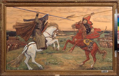 Aleksanteri Peresvetin ja tataari Chelibeyn (tai Chelubey, Temir Mourza (Temir-Mourza)) kaksintaistelu Kulikovon tasangolla vuonna 1380, venäläisten ja Kultahorden välisen taistelun aikana (Peresvetin ja Temir Murzan (Temir-Murza) taistelu) Kulikovolla tekijältä Victor Mikhailovich Vasnetsov