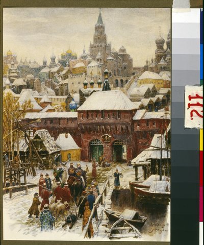 Moscou au 17e siecle (Moskova 1600-luvulla). Oeuvre de Appolinari Mikhaylovich Vasnetsov (1856-1933), litografia. Art russe, fin 19e-debyytti 20e siecle. Moskovan historian ja jälleenrakennusmuseo, Moskova. tekijältä Victor Mikhailovich Vasnetsov