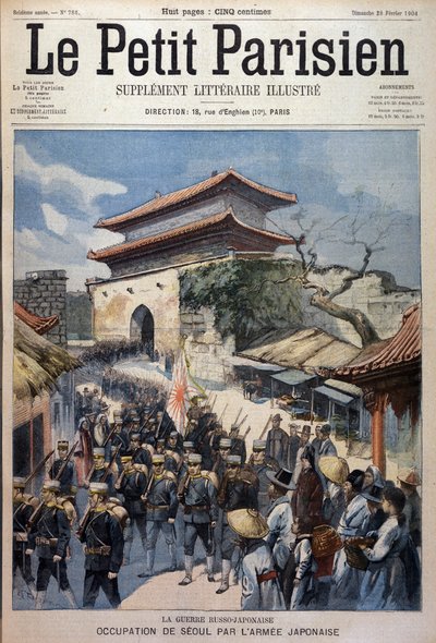 Japanin armeija miehitti Soulin, Korea - Kaiverrus Le Petit Parisienista, 28.2.1904 tekijältä Victor Mottez