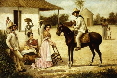 Talonpoikien perhe navetan ovella; Guajiros-perhe laidun portilla, noin 1880 tekijältä Victor Patricio Landaluce