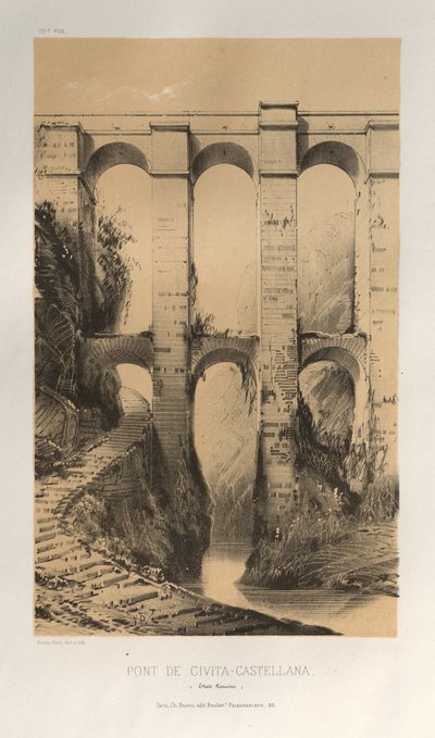 Viehättävää arkkitehtuuria tai 1400-luvun monumentteja. Ja XVI. Vuosisatoja: Ranskan linnat XV ja XVI vuosisadalla: Pl. 50, Pont De Civita-Castellana (Rooman osavaltiot) tekijältä Victor Petit