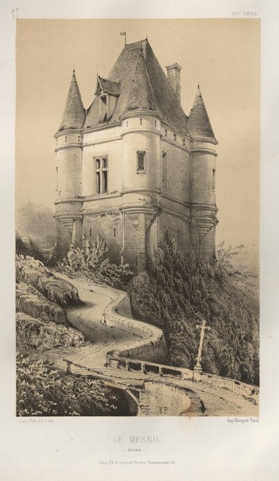 Viehättävää arkkitehtuuria tai 1400-luvun monumentteja. Ja XVI. Vuosisatoja: Ranskan linnat XV ja XVI vuosisadalla: Pl. 77, Le Mesnil (Corrèze) tekijältä Victor Petit