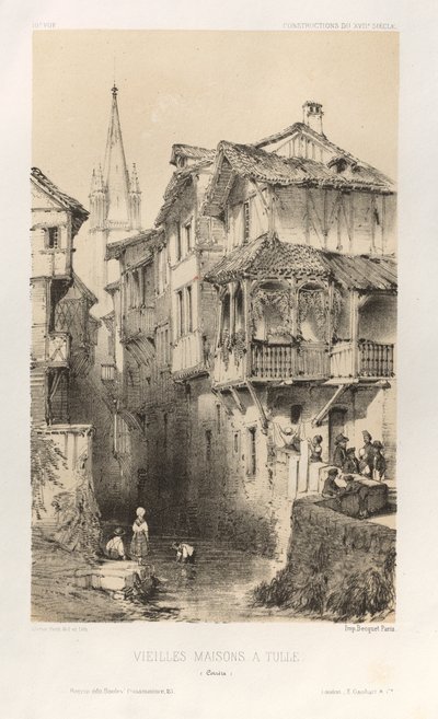 Kuvankaunis arkkitehtuuri tai 1400-luvun monumentit. Ja XVI. Vuosisatoja: Chateaux De France XV ja XVI vuosisadalla: Pl. 10, Vanhat talot Tullessa (Correze) tekijältä Victor Petit