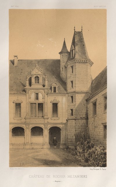 Kuvankaunis arkkitehtuuri tai 1400-luvun monumentit. Ja XVI. Vuosisatoja: Chateaux De France XV ja XVI vuosisadalla: Pl. 36, Château De Rocher Mezangers (Mayenne) tekijältä Victor Petit