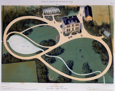 Suuri englantilainen puutarha, 6300 neliömetriä, kuva otettu Parcs et Jardins des environs de Parisista (Pariisin ympärillä olevat puistot ja puutarhat), n. 1850, Victor Petit (1818-1871) litografia, Ranska tekijältä Victor Petit